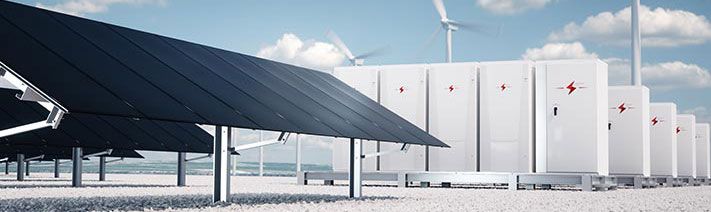 Rendering of solar panels with energy storage containers. 
